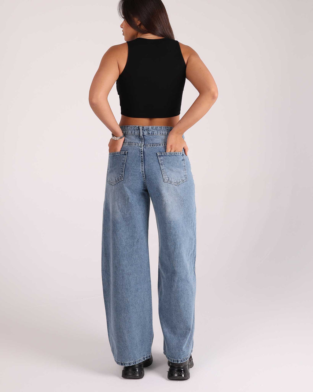 Wide-Leg Seam Denim Jeans - Blue