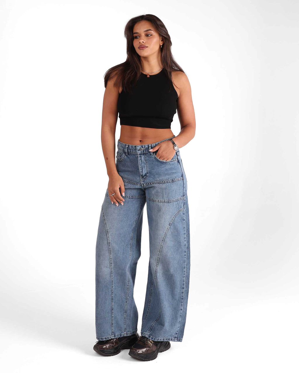 Wide-Leg Seam Denim Jeans - Blue