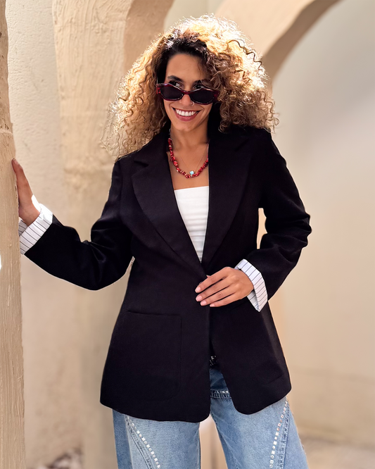 Striped-Cuff Black Blazer