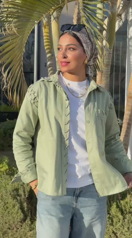 Lace-Up Denim Jacket - Olive