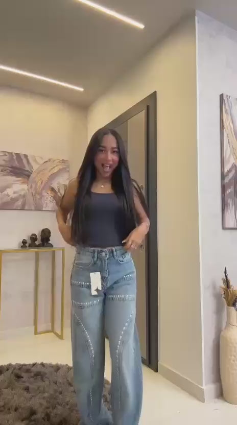 High-Waist Rhinestone Wide-Leg Jeans - Blue